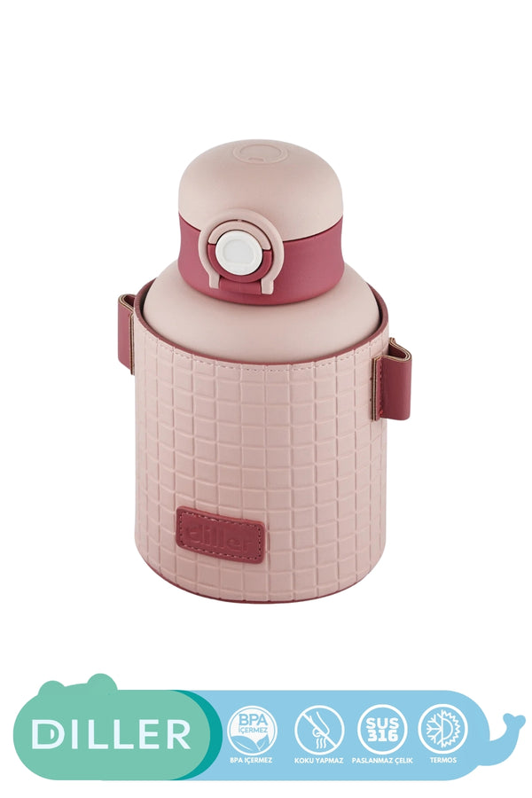 Diller 680ml Moda Waffle Çizgili Deri Kılıf Pipetli Askılı Kilitlenebilir Kapak Çelik Termos Matara