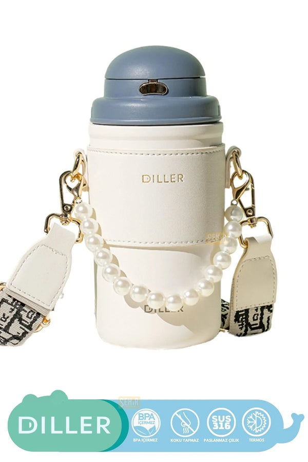 Diller 580ml Yeni Koleksiyon Moda Deri Kılıflı İnci Süslü Pipetli Askılı Paslanmaz Çelik Termos Matara