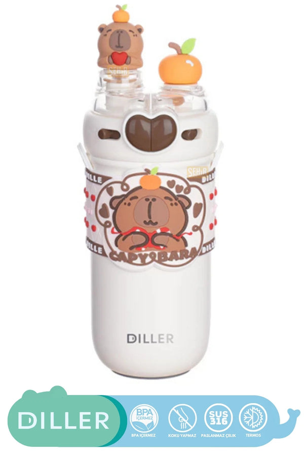 DILLER 520ml Yeni Koleksiyon Sevimli Hayvanlar Süslü Pipetli/Pipetsiz Boyun Askılı Paslanmaz Çelik Termos