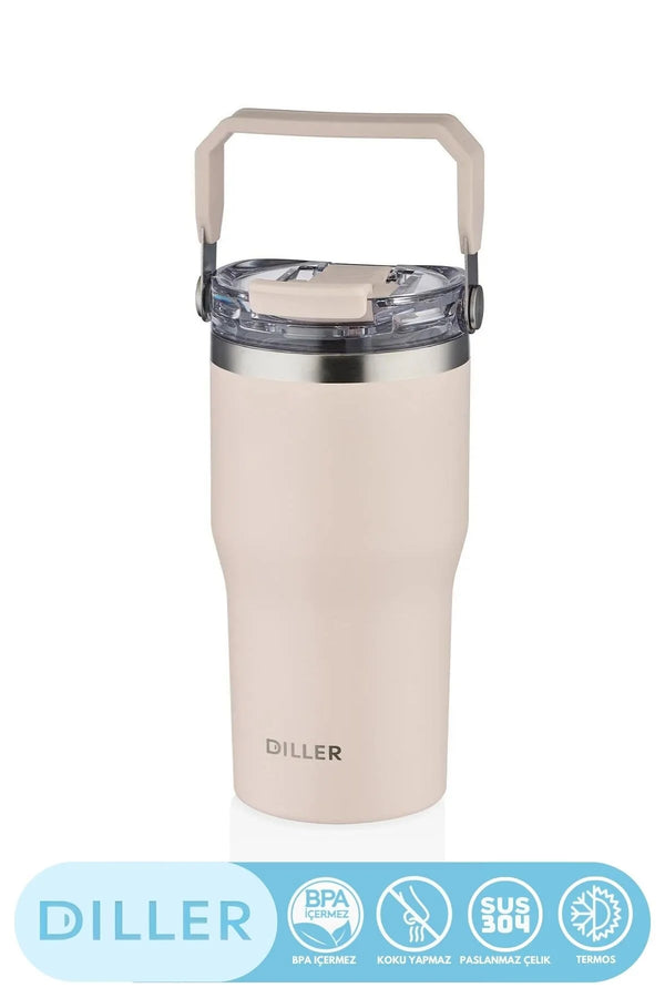 DILLER 620ml Yeni Koleksiyon Tumbler Pipetli/Pipetsiz Kullanım Kulplu Paslanmaz Çelik Termos