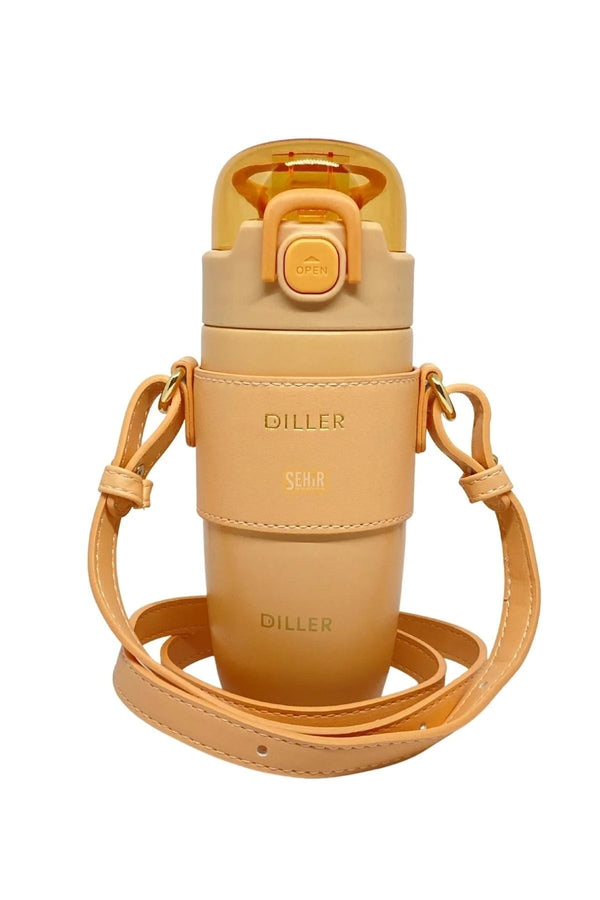 DILLER 360ml Moda Deri Kılıflı Pipetli Askılı Pastel Renkli Paslanmaz Çelik Termos Matara