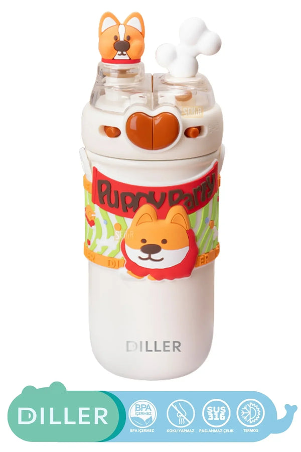 DILLER 520ml Yeni Koleksiyon Sevimli Hayvanlar Süslü Pipetli/Pipetsiz Boyun Askılı Paslanmaz Çelik Termos