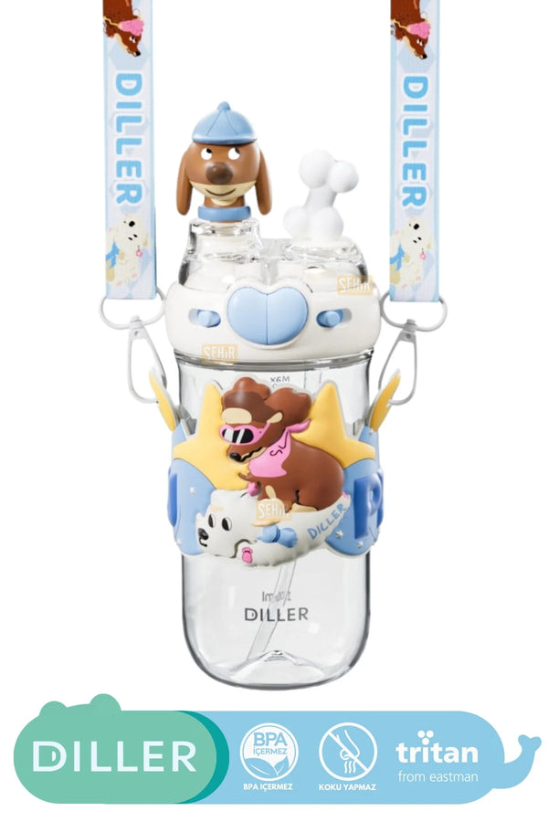 DILLER 580ml Yeni Koleksiyon Sevimli Hayvanlar Süslü Pipetli/Pipetsiz Boyun Askılı Tritan Çocuk Matarası