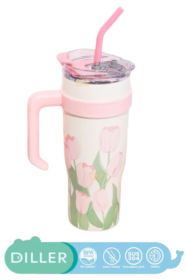 DILLER 1200ml Yeni Koleksiyon Pembe Lale Desenli Tumbler Pipetli/Pipetsiz Kulplu Paslanmaz Çelik Termos