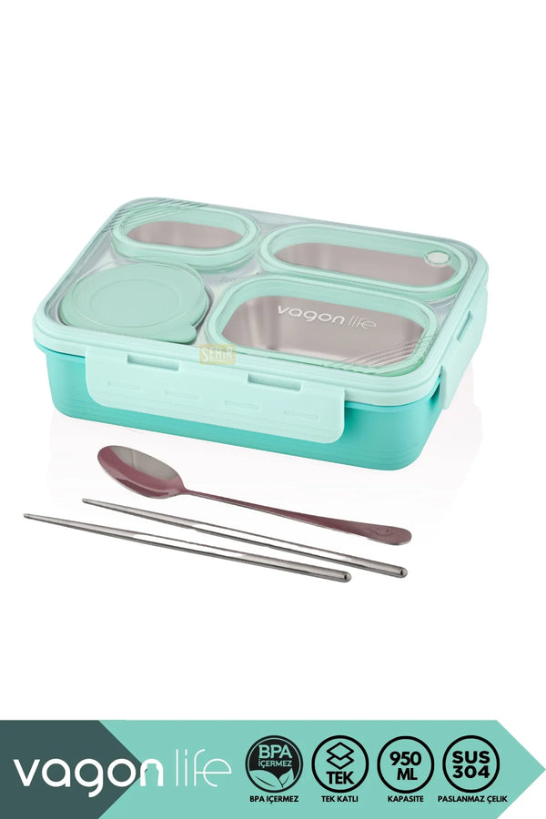 Vagonlife Bento 950ml Lunchbox Yeni Koleksiyon Tek Katlı 4 Bölmeli Çelik Sefer Tası Yemek Kutusu