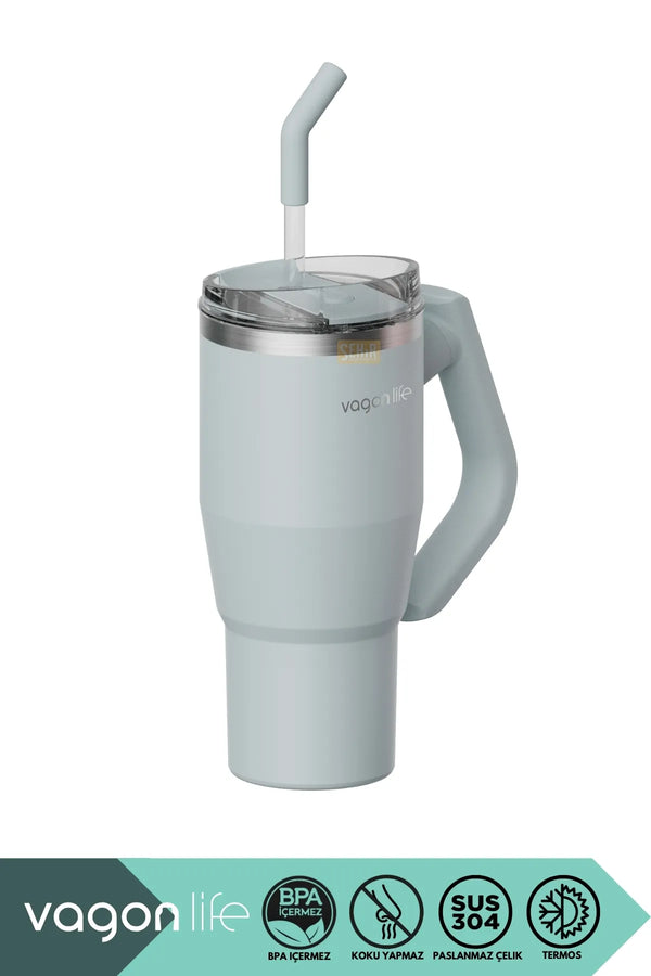 Vagonlife Tumbler 950ml Yeni Koleksiyon Pipetli/Pipetsiz Kullanım Fonksiyonel Kulplu Paslanmaz Çelik Termos