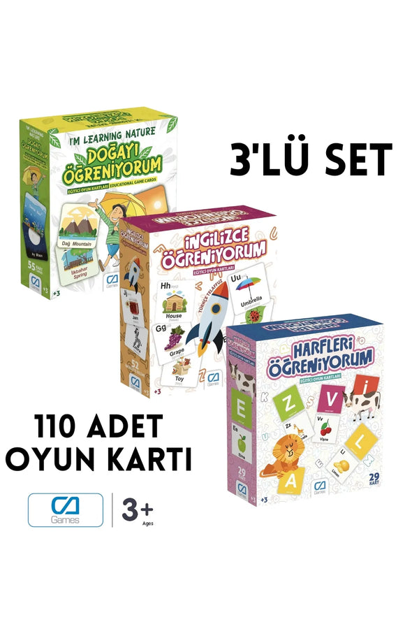 CA Games (3'LÜ SET)  Doğayı-İngilizceyi-Harfleri Öğreniyorum Toplam 100 Kartlı Eğitici Çocuk Oyun Kartları