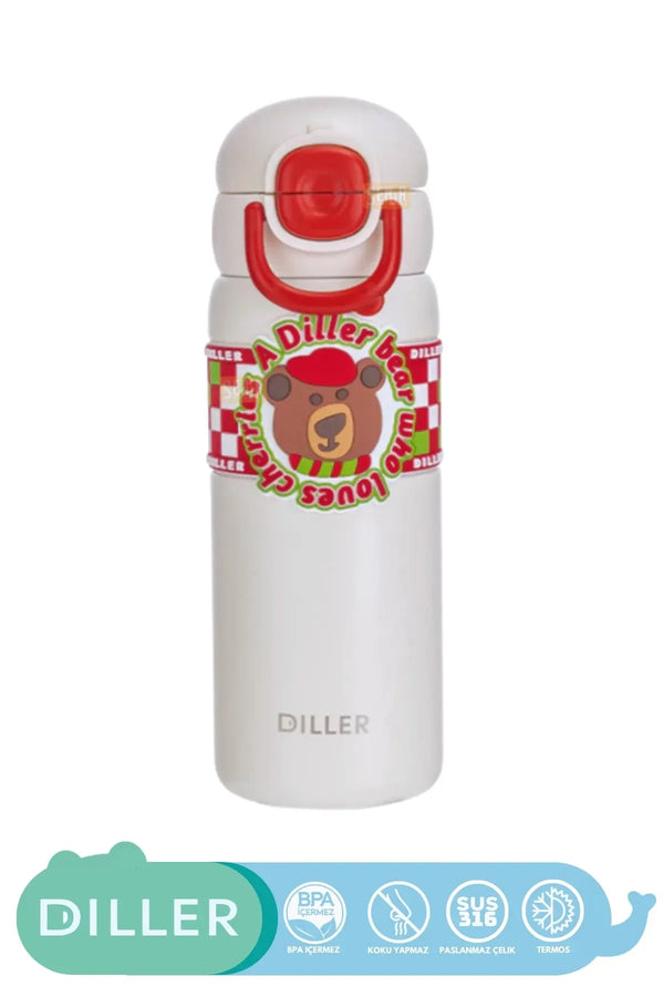 DILLER 600ml Yeni Koleksiyon Sevimli Hayvanlar Desenli Pipetli/Pipetsiz El Askılı Paslanmaz Çelik Termos