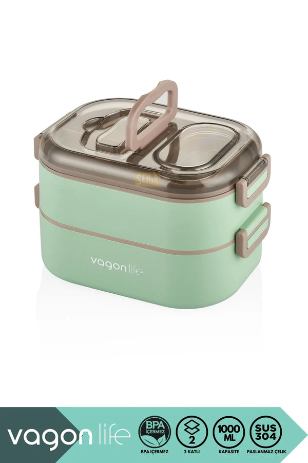 Vagonlife Bento 1000ml Lunchbox Yeni Koleksiyon Çift Katlı 3 Bölmeli Çelik Sefer Tası Yemek Kutusu