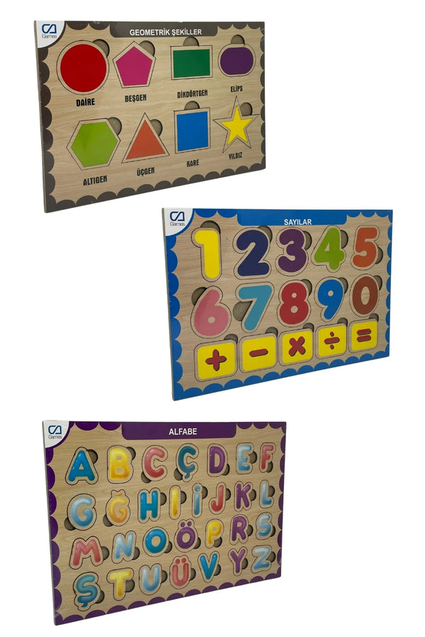 CA Games 3'lü Set Alfabe-Sayılar-Şekiller 29.5x19.5cm Eğitici-Öğretici Sağlıklı Ahşap Çocuk Puzzle Yapboz