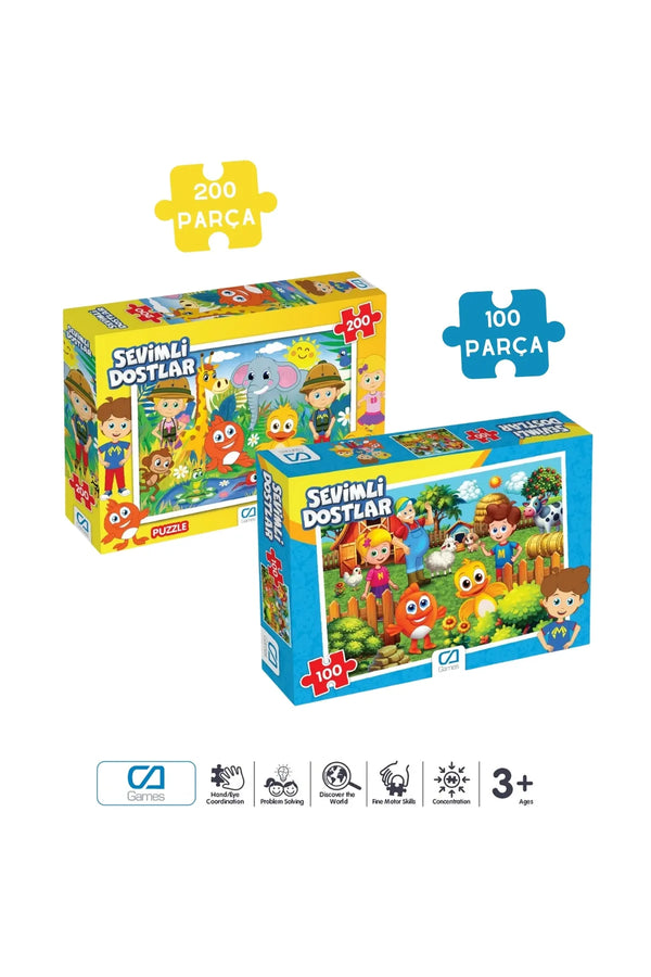 CA Games (2'Lİ SET) Sevimli Dostlar Lisanslı 200 - 100 Parça Çocuk Puzzle Yapboz Serisi