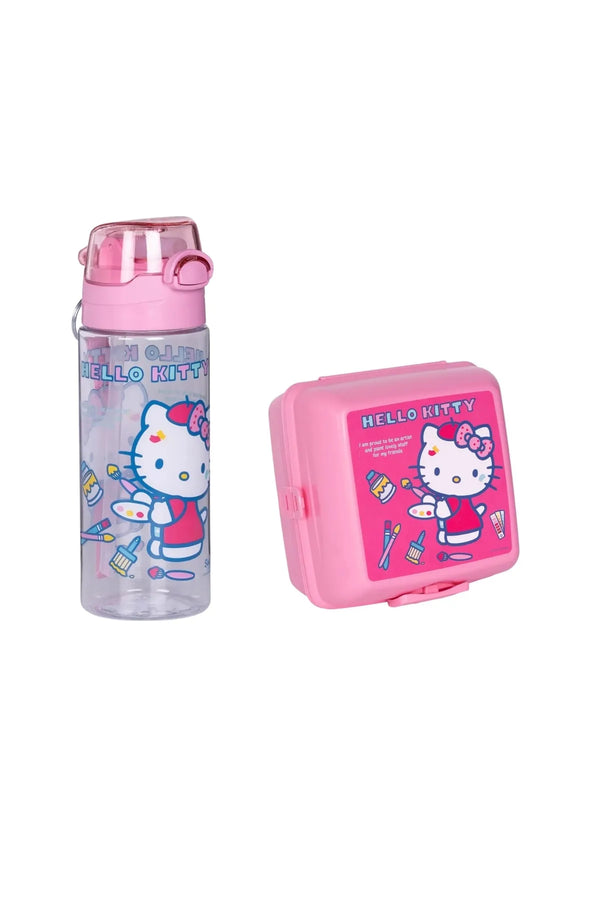 WİGGLE 2'Lİ SET Hello Kitty 4 Bölmeli Çocuk Beslenme Kabı Kaşık ve Çatallı-500ml Pipetli Askılı Su Matarası