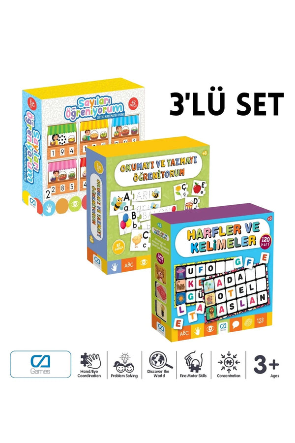 CA Games (3'Lü Set) Harfler Ve Kelimeler - Okuma Ve Yazma - Sayılar  3+ Yaş için Görselli Eğitici Eşleştirme