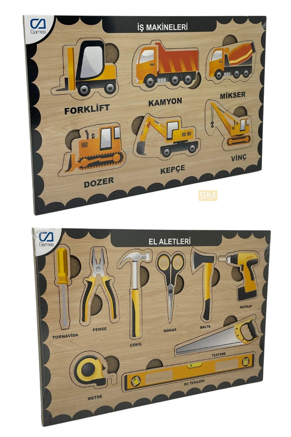 2'li Set İş Makinaları ve El Aleti Ahşap Çocuk Puzzle Yapboz - Şehir Online Mağazacılık