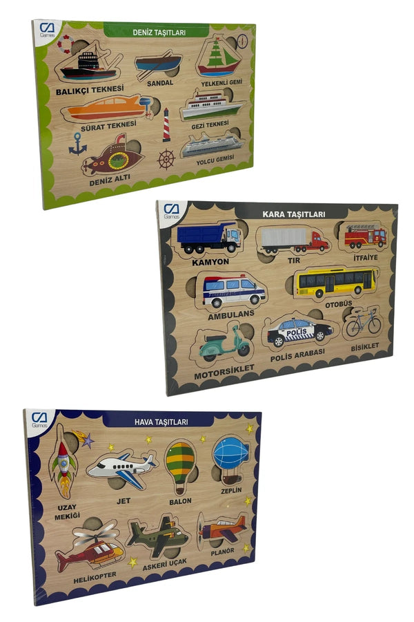 3'lü Set Hava-Kara-Deniz Araçları Ahşap Çocuk Puzzle Yapboz - Şehir Online Mağazacılık