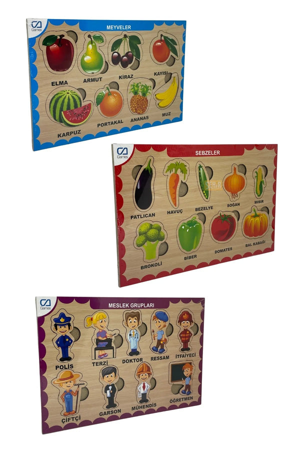 3'lü Set Meyve-Sebze-Meslek Ahşap Çocuk Puzzle Yapboz - Şehir Online Mağazacılık