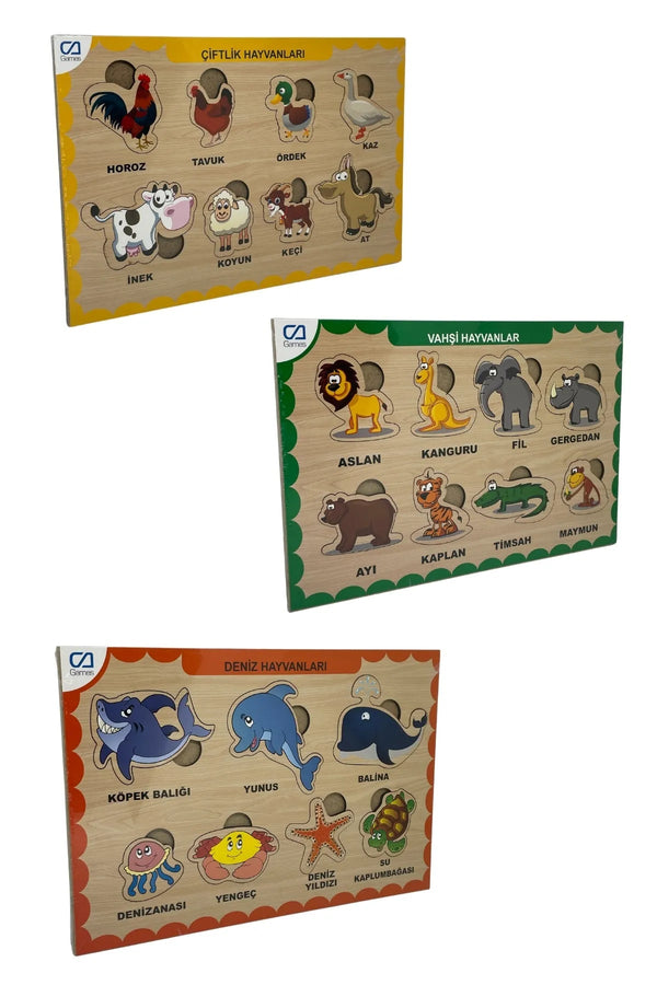 3'lü Set Vahşi-Deniz-Çiftlik Hayvan Ahşap Çocuk Puzzle Yapboz - Şehir Online Mağazacılık