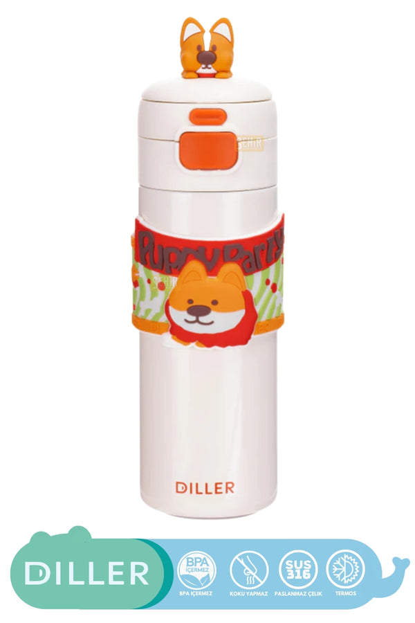 Diller 480ml Sevimli Hayvanlar Süslü Pipetli/Pipetsiz El Askılı Paslanmaz Çelik Termos